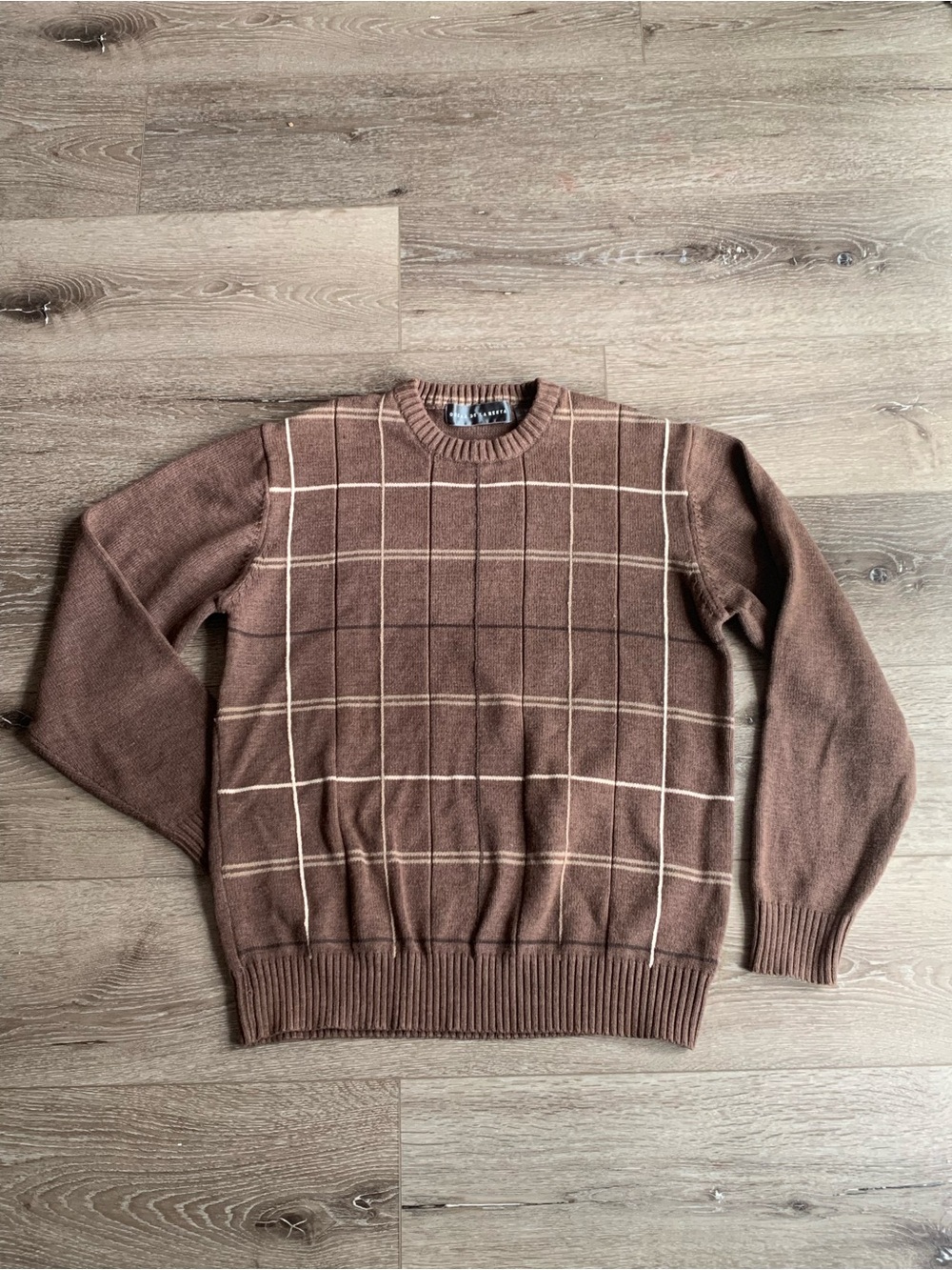 Oscar de la Renta Mens Brown Windowpane Grid Crewneck Sweater Size M